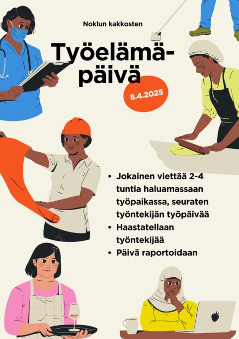 Noklun kakkosten työelämäpäivä tiistaina 8.4.2025. Jokainen viettää 2 - 4 tuntia haluamassaan työpaikassa, seuraten työntekijän työpäivää. Haastatellaan työntekijää. Päivä raportoidaan.