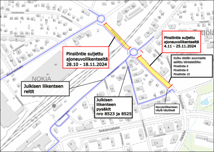 Karttakuva Pinsiöntien katutyömaa